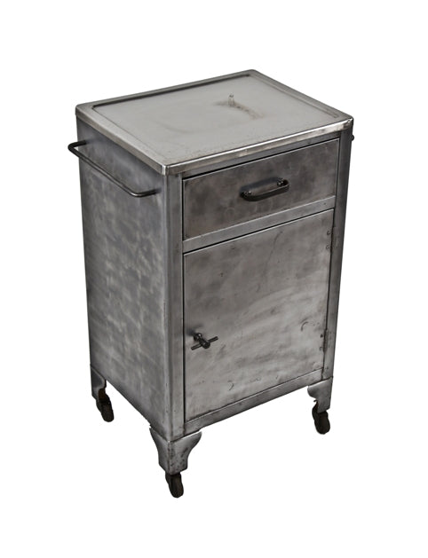 late 1930's american vintage medical cold-rolled brushed metal steel operating room supply cabinet with original raised edge stainless steel top