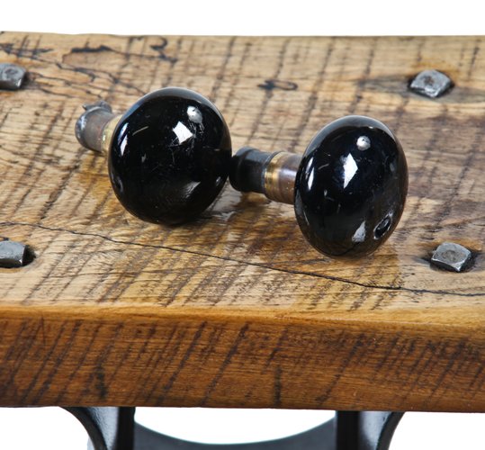 set of original c. 1880's antique american interior residential "chicago-niles" jet black porcelain doorknobs with iron and brass shanks