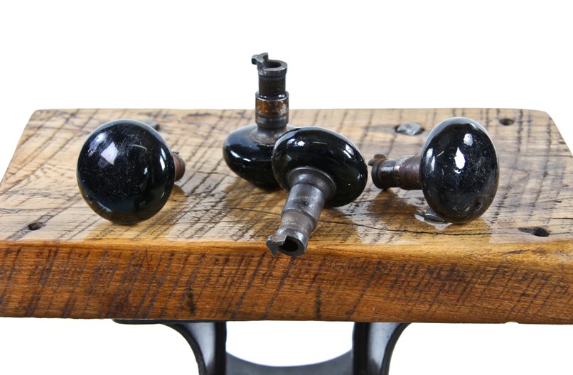 lot of four original 19th century american antique residential passage door jet black porcelain doorknobs with patented cast iron shanks