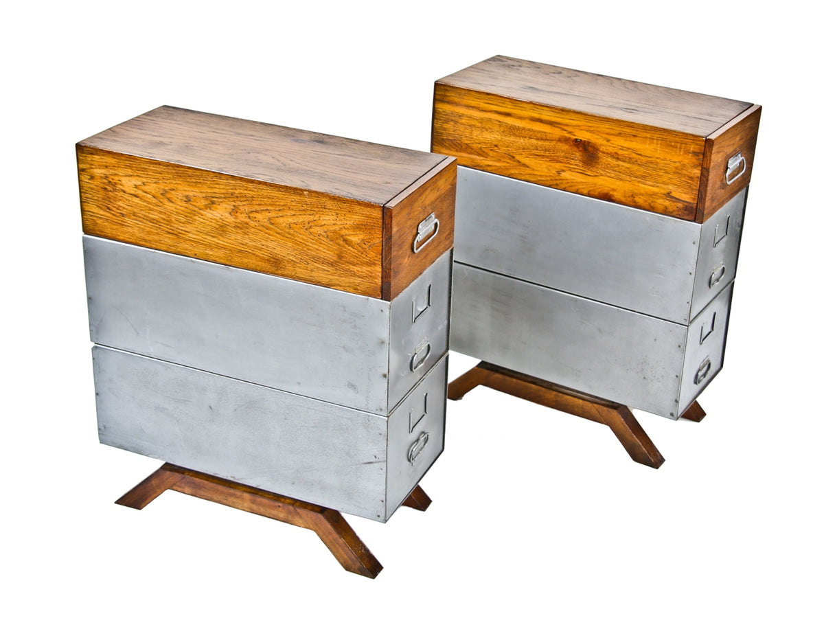 matching set of repurposed vintage american industrial "safe-t-stak" freestanding table bases with newly added hickory wood drawers