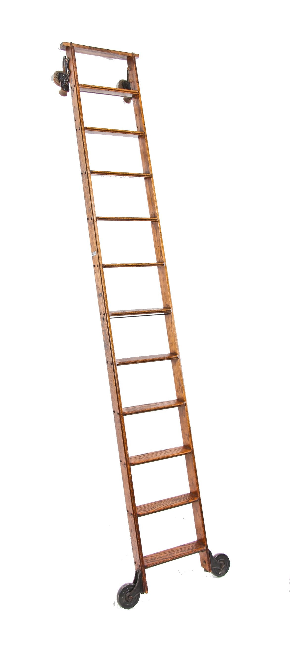 exceptional american depression era varnished oak wood "cotterman" hardware store rolling ladder with intact upper roller fixtures