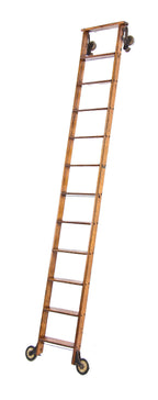 fully functional late 1920's vintage american industrial chicago hardware store varnished oak wood rolling stock ladder with hardware