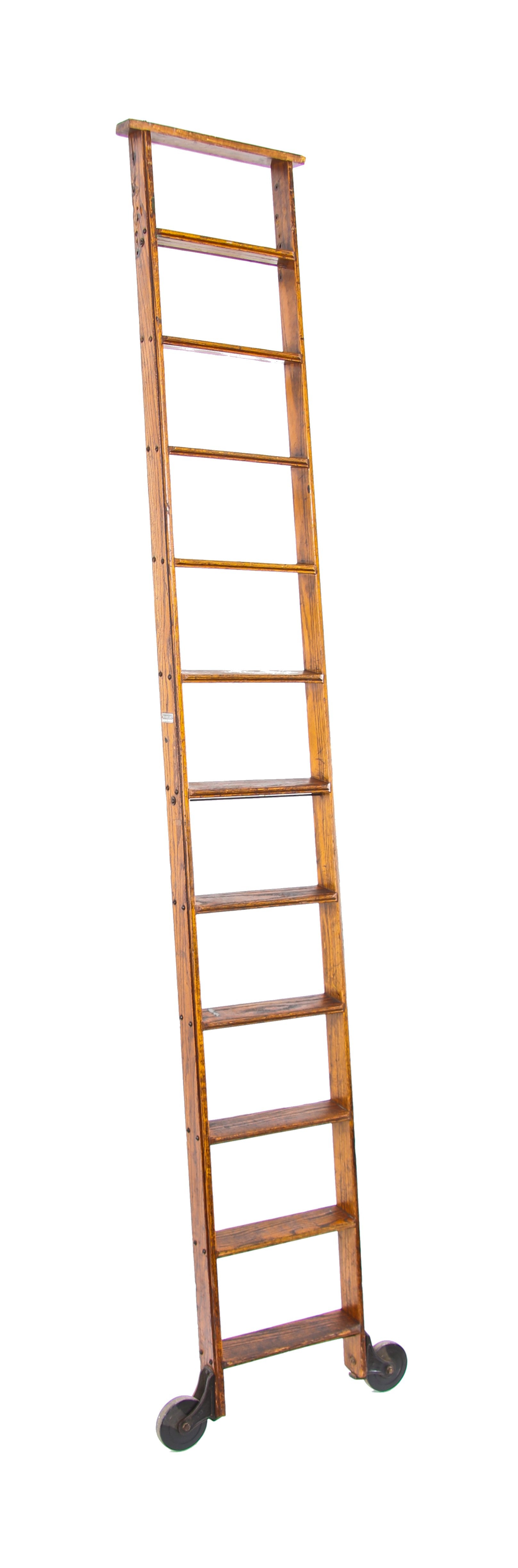 late 1920's american vintage industrial fully functional interior hardware store "cotterman" golden oak wood ladder with intact cast iron track hardware