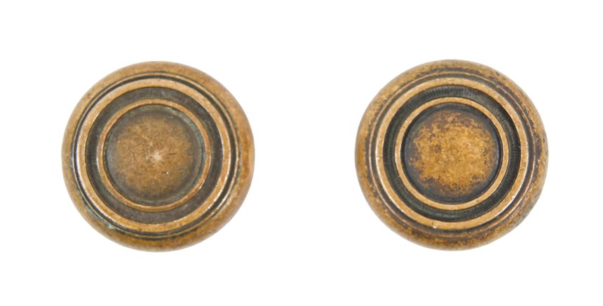 matching set of original early 20th century mission or craftsman style cast bronze interior residential doorknobs with graduating concentric rings