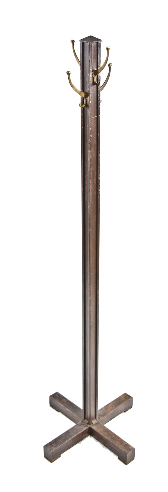 original c. 1930's american vintage industrial freestanding tubular steel factory office coat rack with intact cast brass double hooks