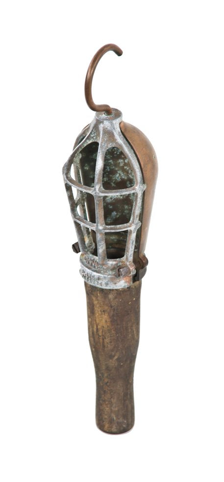 unusual early 1920's american industrial patented handheld factory machine shop "trouble light" with cast aluminum bulb guard