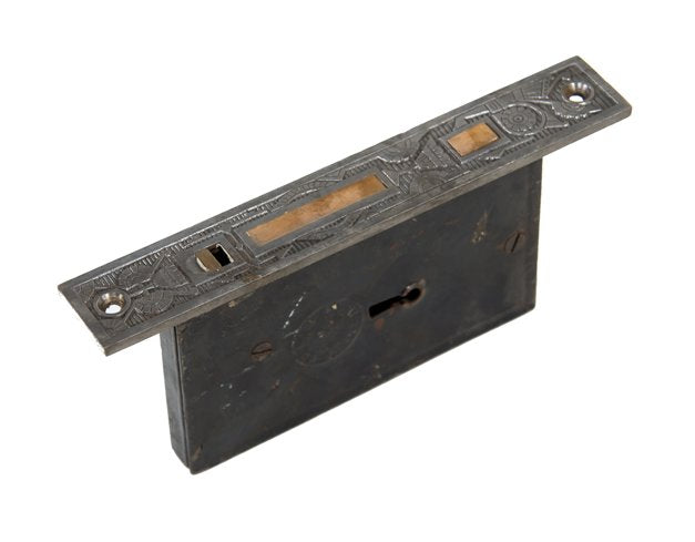 original 19th century american victorian era ornamental cast iron interior residential sliding door mortise lock with finger lock and sliding handle