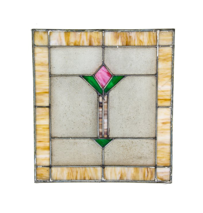 early 1920's american arts & crafts style interior residential leaded art glass window featuring a centrally located abstract floral motif