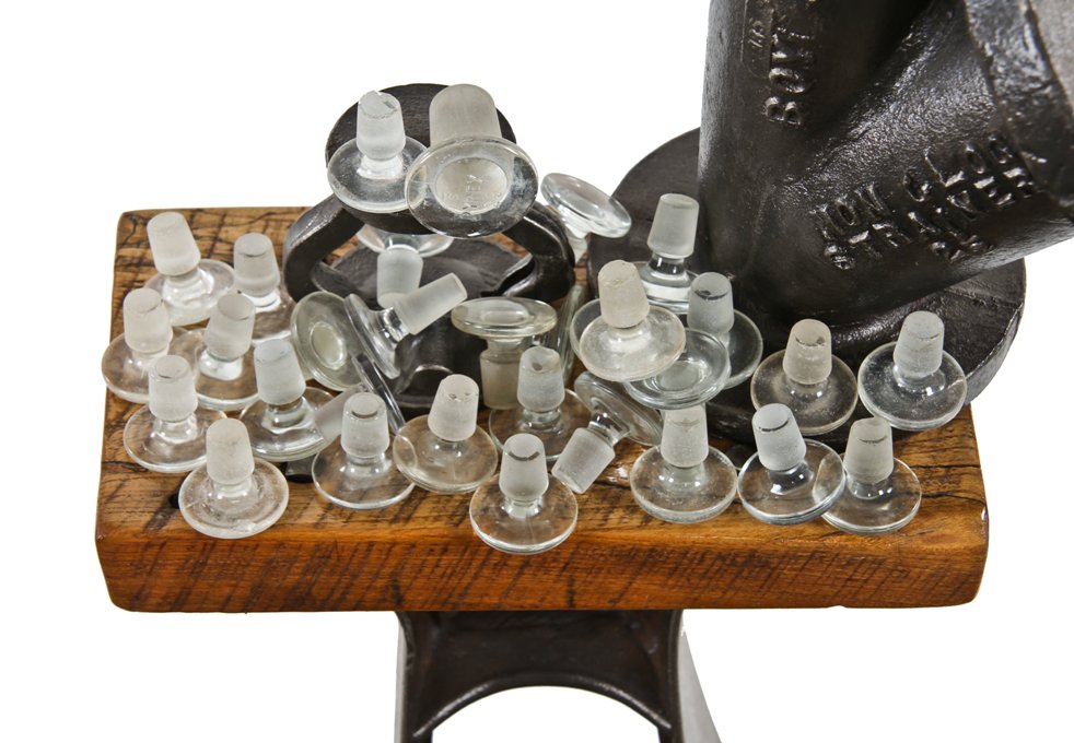 large variety of vintage american medical oversized scientific research laboratory flat top ground glass "pyrex" reagent bottle stoppers