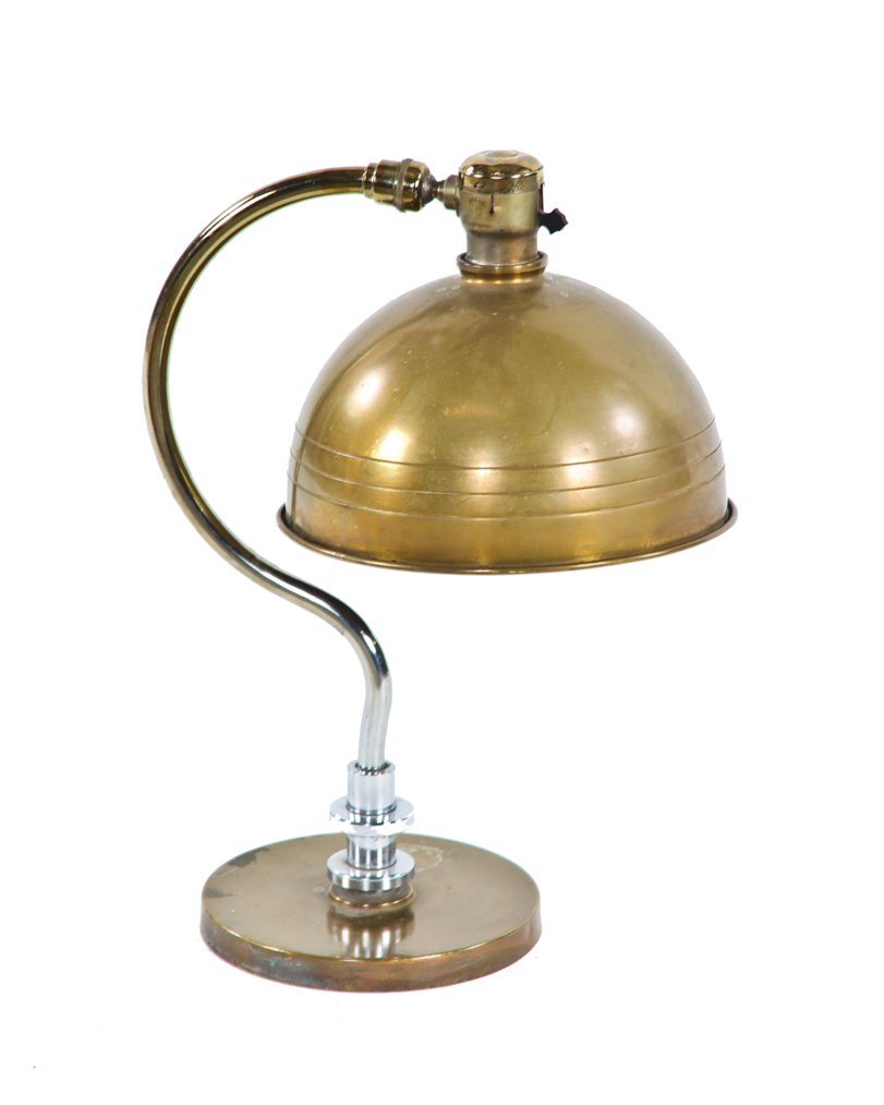 original c. 1930's american art deco style machine age chrome and brass faries table or desk lamp with rolled rim deep bowl reflector or shade