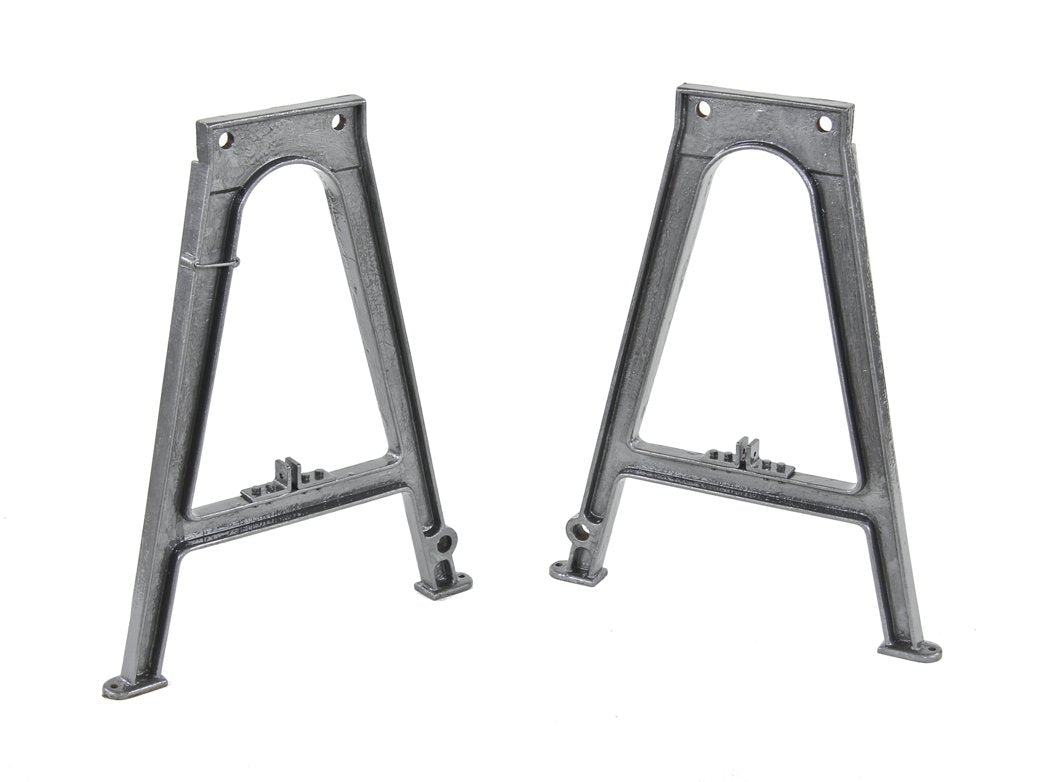 two matching late 19th century vintage american industrial cast iron silver metallic sheet metal shearing machine a-frame bases with floor plates