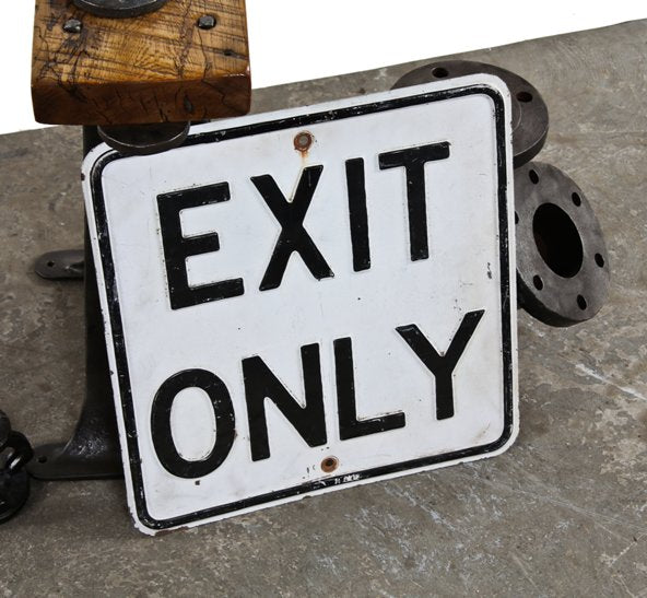 vintage american industrial single-sided heavy gauge steel "exit only" chicago city street sign with deeply embossed black enameled lettering