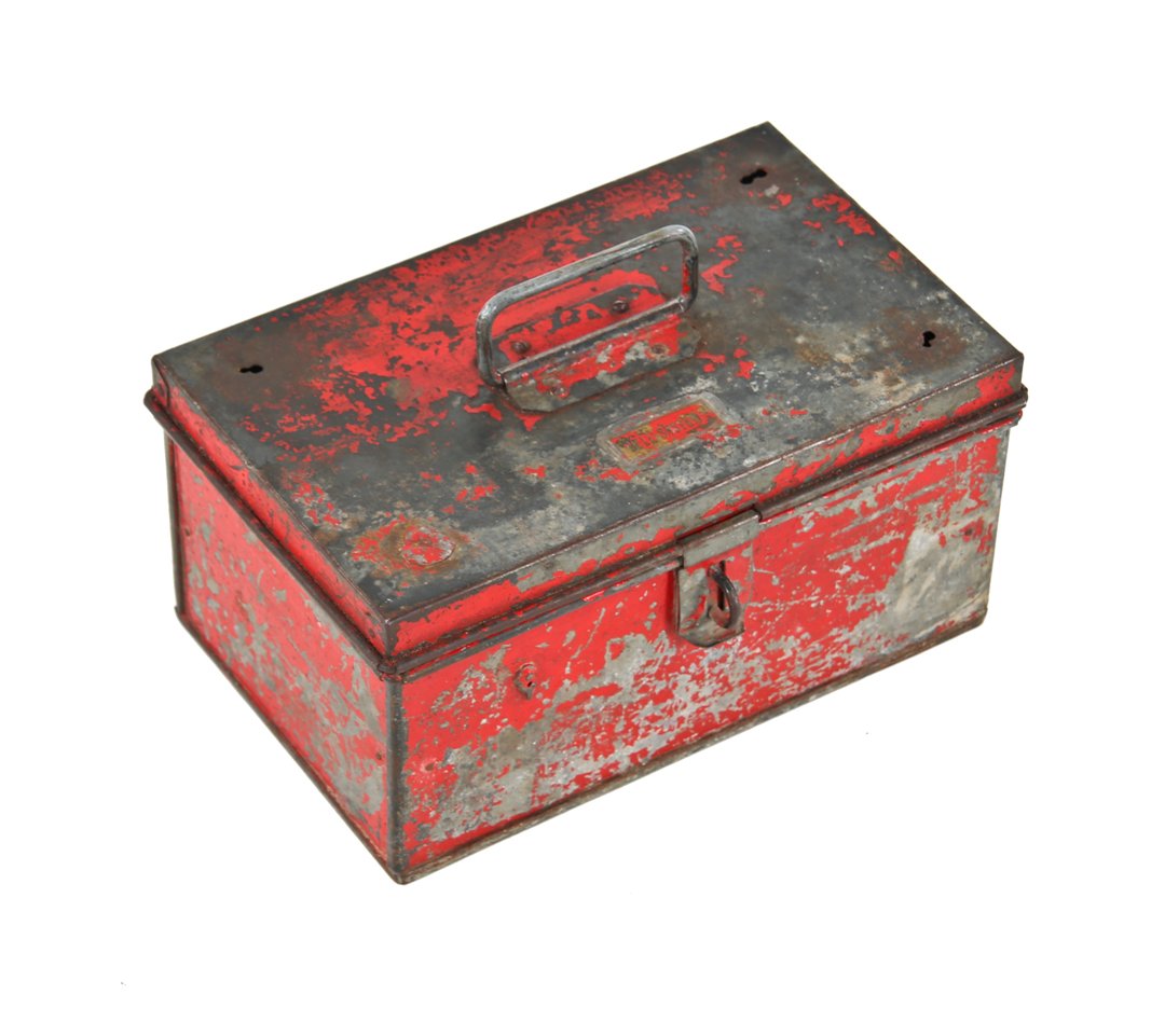 original c. 1920's american vintage industrial worn and weathered portable galvanized steel "bell system" lineman's tool box with intact drop handle