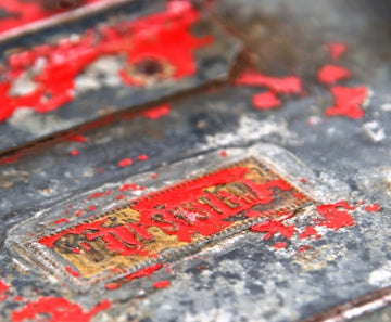 original c. 1920's american vintage industrial worn and weathered portable galvanized steel "bell system" lineman's tool box with intact drop handle