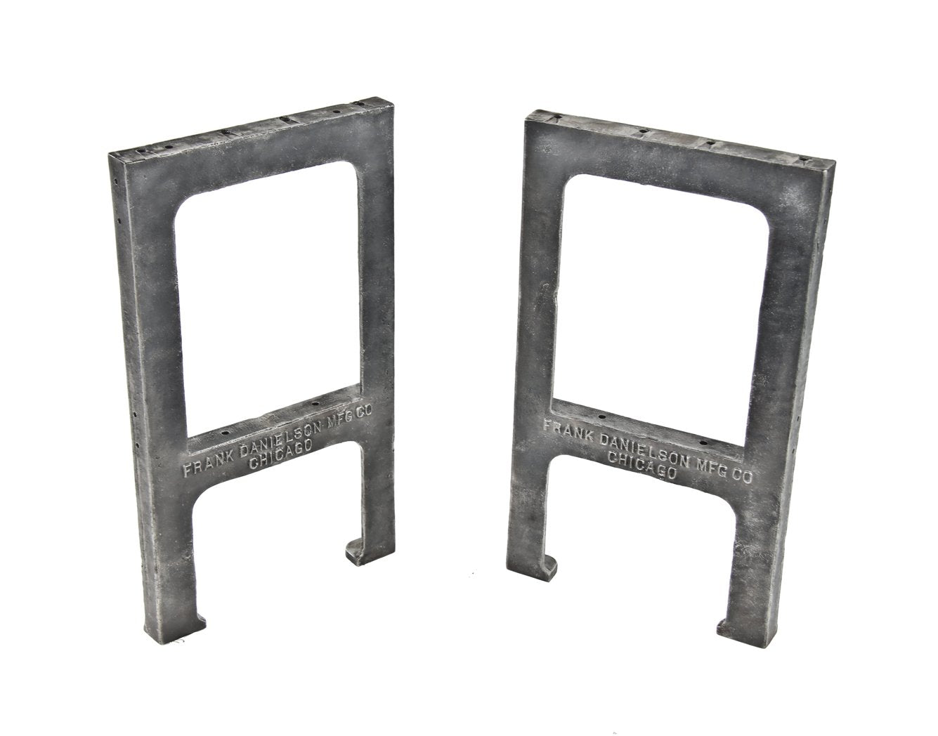 original c. 1915-18 american vintage industrial refinished cast iron engine fabricating factory workbench bases containing inward floor plates