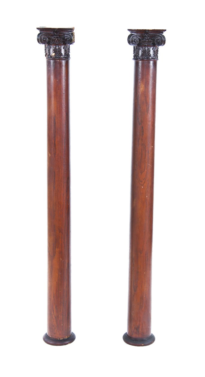 pair of original late 19th century american victorian era varnished oak oak wood residential freestanding pier mirror columns with ornamental capitals