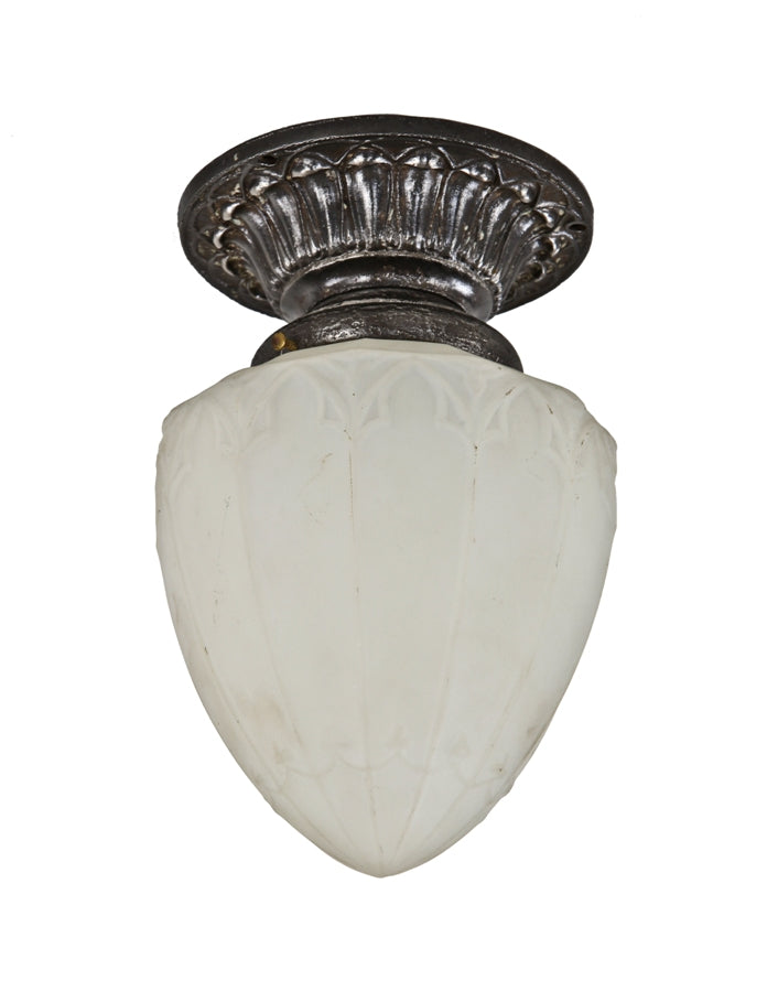 original early 1920's american outdoor flush mount single electric pendant light fixture with unique gothic style pressed frosted white glass shade