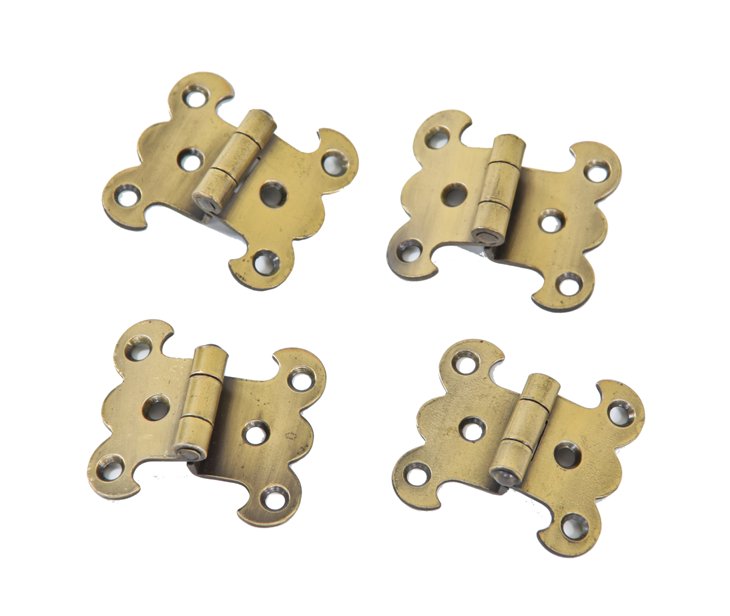group of four matching c. 1920's original fanciful cast brass drugstore apothecary cabinet door butterfly hinges with a uniform surface patina throughout