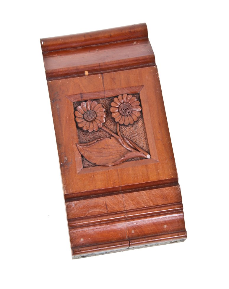 19th century american antique aesthetic movement hand-carved varnished cherry wood interior residential header block with intricate flower motifs