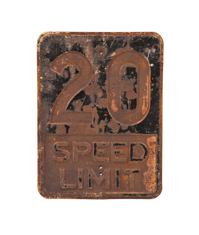original weathered and worn single-sided vintage american city of chicago stamped steel "speed limit" municipal street sign with black distressed paint finish