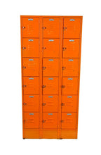 completely intact bright orange enameled heavy gauge steel six tier chicago public school locker with original etched aluminum number plates