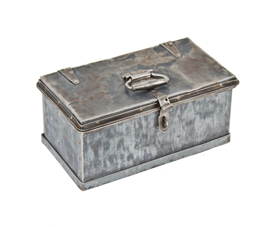heavily reinforced c. 1920's vintage american industrial riveted joint galvanized steel pipefitter's tool box with lockable hasp and strap hinges