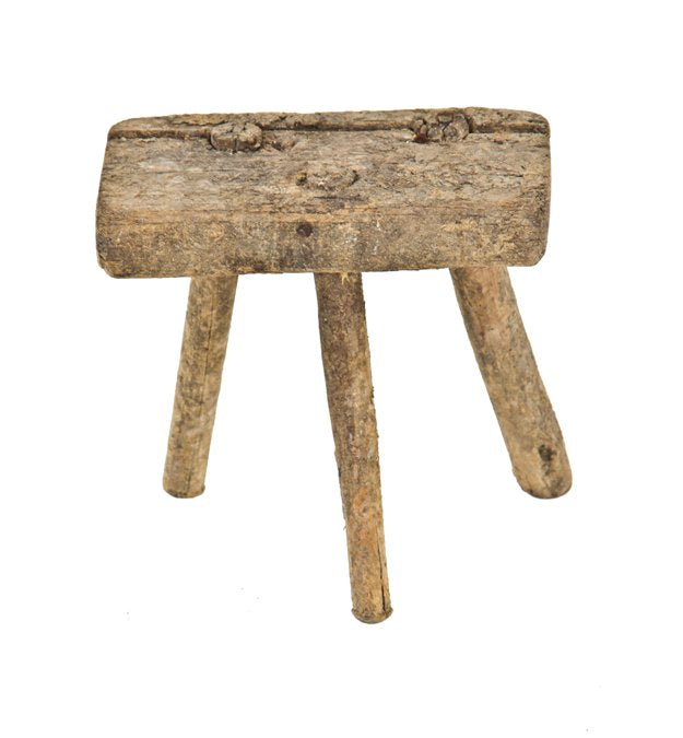 primitive late 19th or early 20th century antique american distressed three-legged wood diminutive milking stool