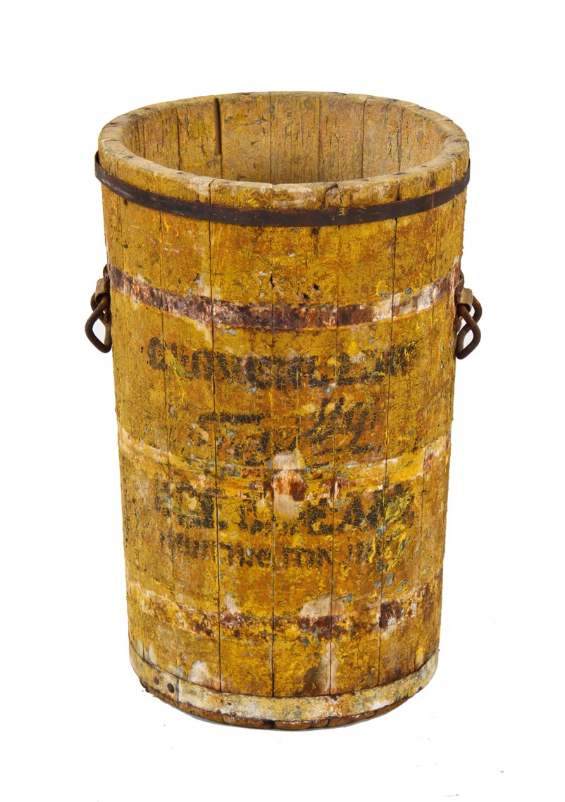 largely intact 19th century american hand-painted new york city dry goods wooden barrel with original wrought iron opposed drop handles