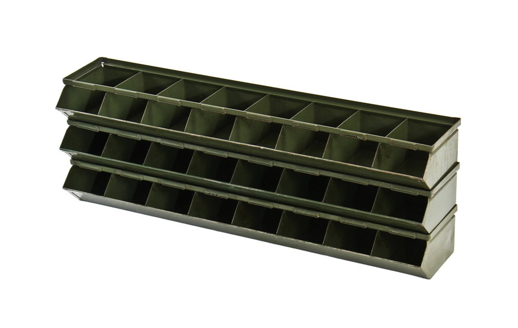 set of three c. 1930's american vintage industrial reinforced multi-unit stackable "small parts" nesting bins with original army green baked enameled finish