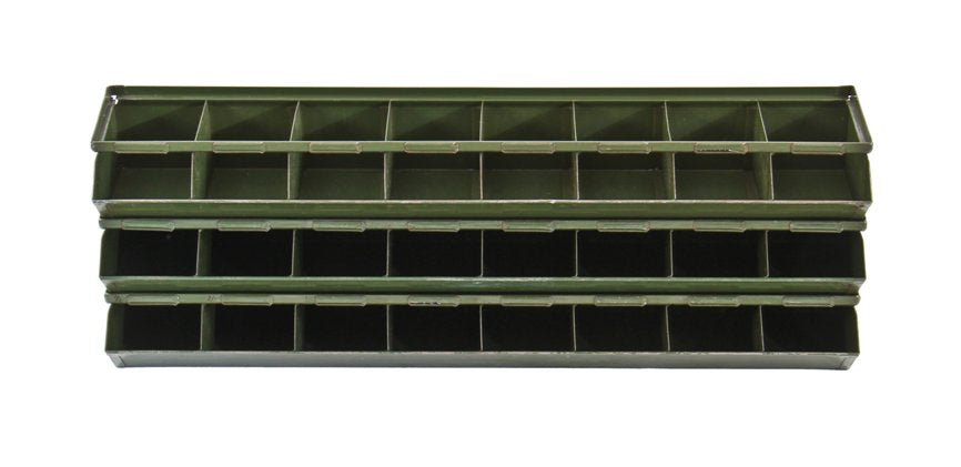 three original c. 1930's american vintage industrial army green enameled reinforced heavy gauge stackable factory workbench hopper boxes