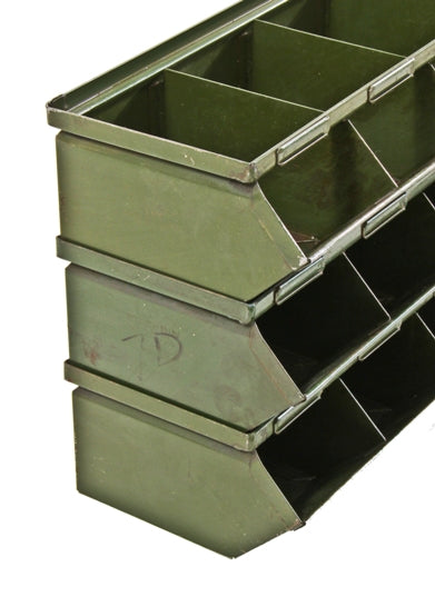 three original c. 1930's american vintage industrial army green enameled reinforced heavy gauge stackable factory workbench hopper boxes