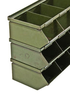 set of three c. 1930's american vintage industrial reinforced multi-unit stackable "small parts" nesting bins with original army green baked enameled finish