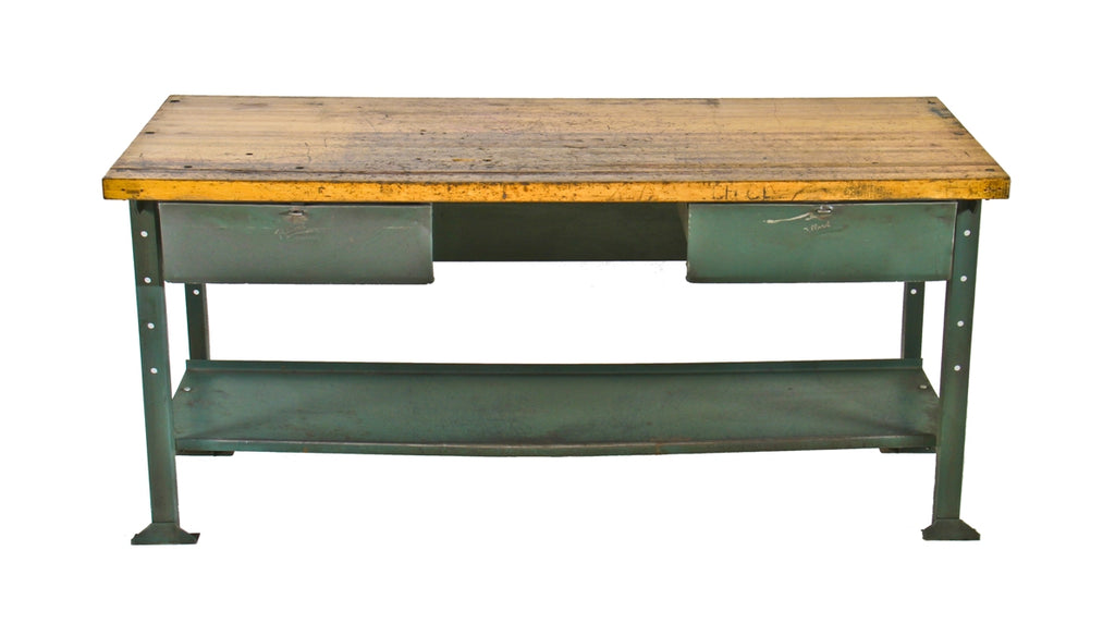 original late 1930's american vintage industrial rock hard maple wood top factory machine shop workbench with opposed pull-out steel drawers