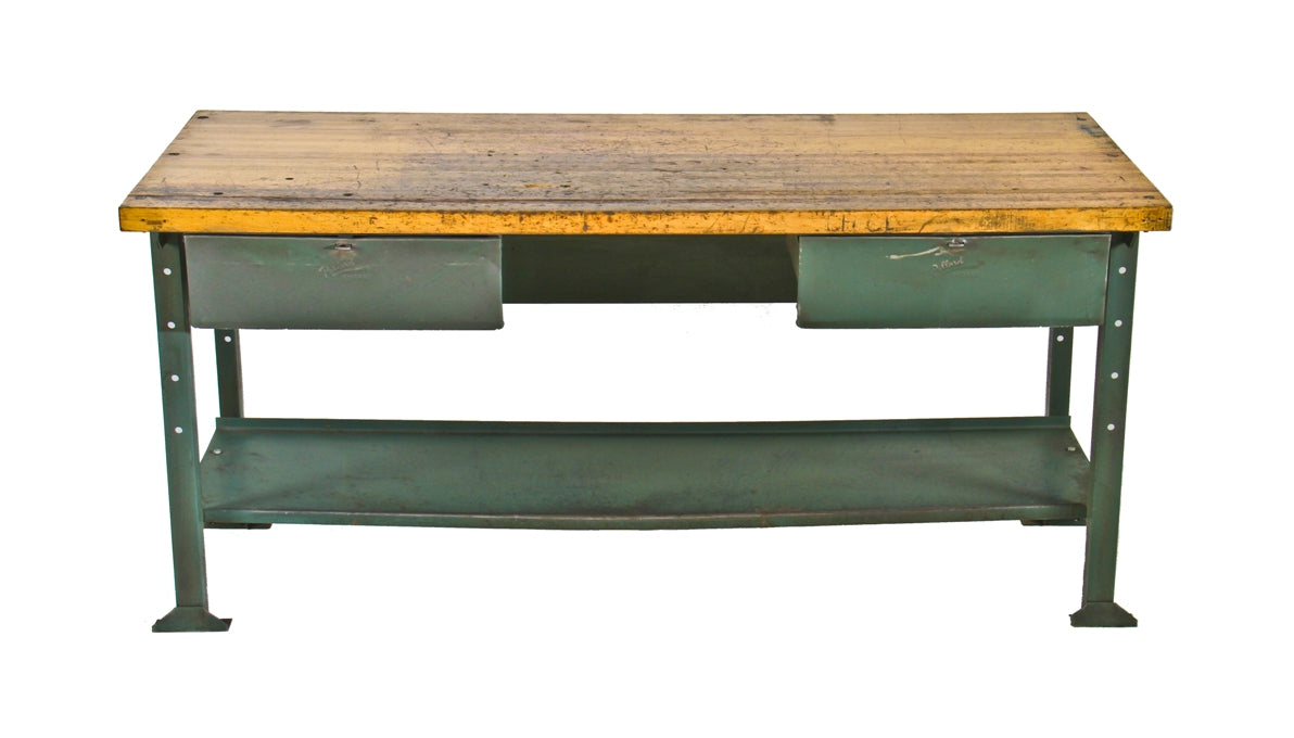 original late 1930's american vintage industrial rock hard maple wood top factory machine shop workbench with opposed pull-out steel drawers