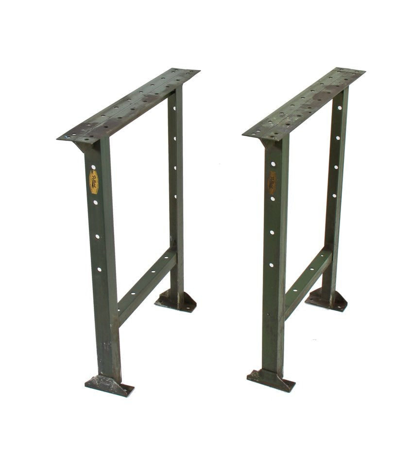 two matching late 1930's vintage american industrial reinforced mill-rolled angled iron pollard factory workbench legs or bases with green enameled finish