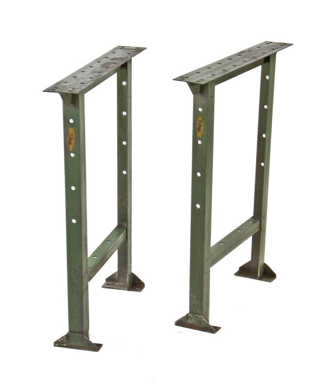 well-built c. 1930's american vintage industrial pollard cold-rolled angled iron factory metal shop workbench bases or legs with green paint finish