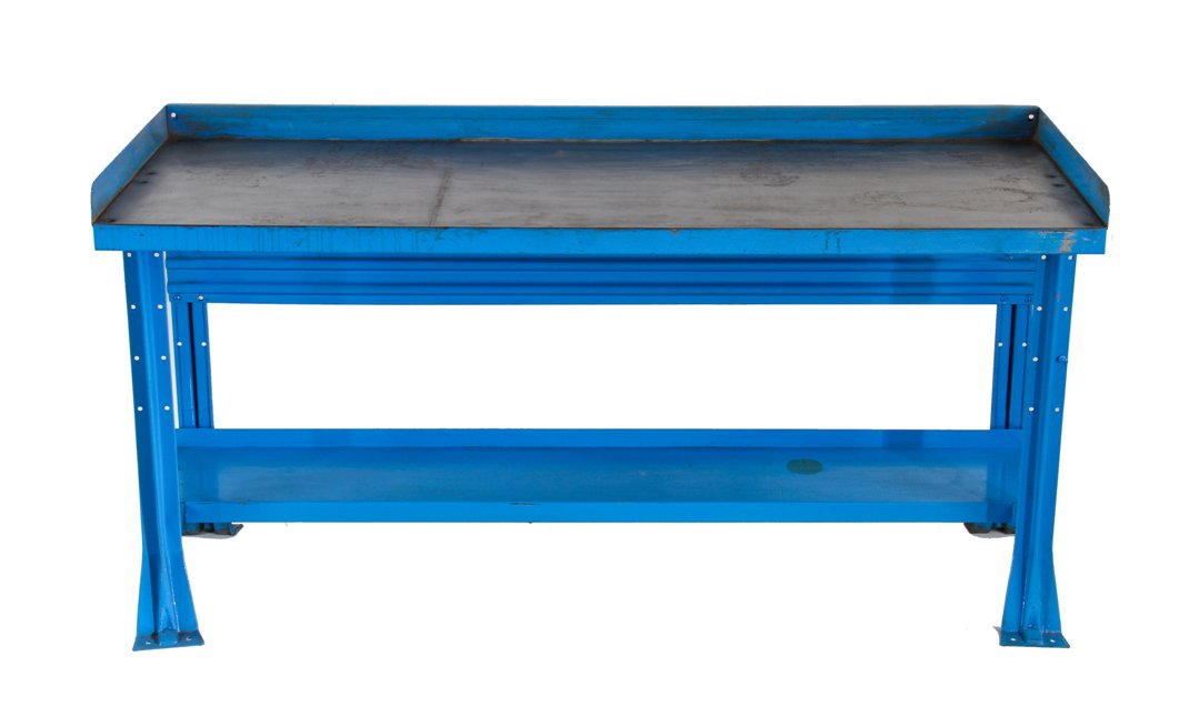 c. 1950's vintage american industrial heavy duty four-legged channeled steel factory stationary workbench with a bright blue enameled finish