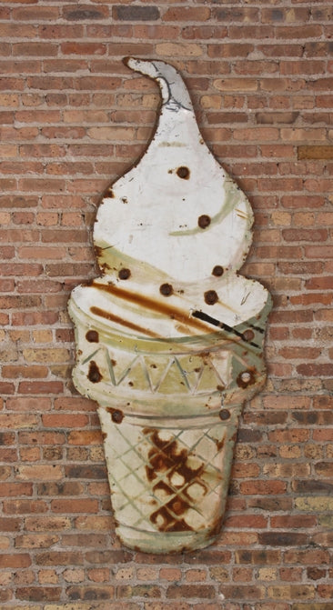 unique oversized c. 1940's vintage american weathered and worn single-sided die cut steel exterior soda shop ice cream cone sign