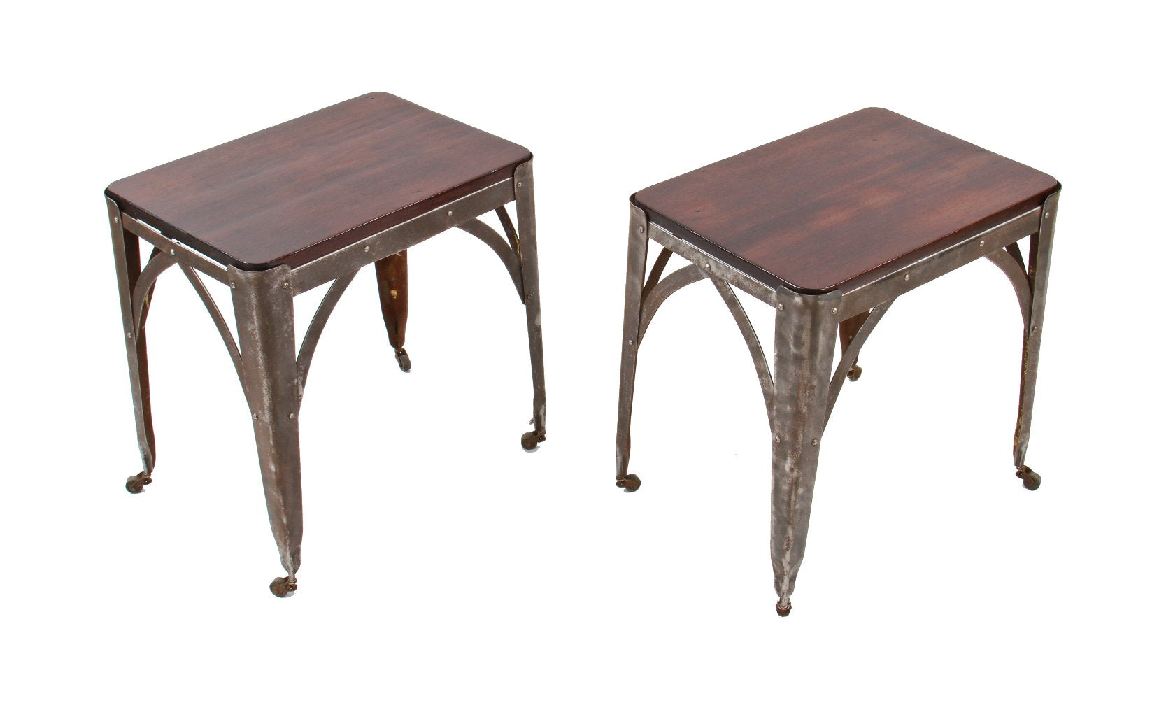 two matching repurposed vintage industrial brushed metal mobile washstand side tables with newly added solid walnut wood tops