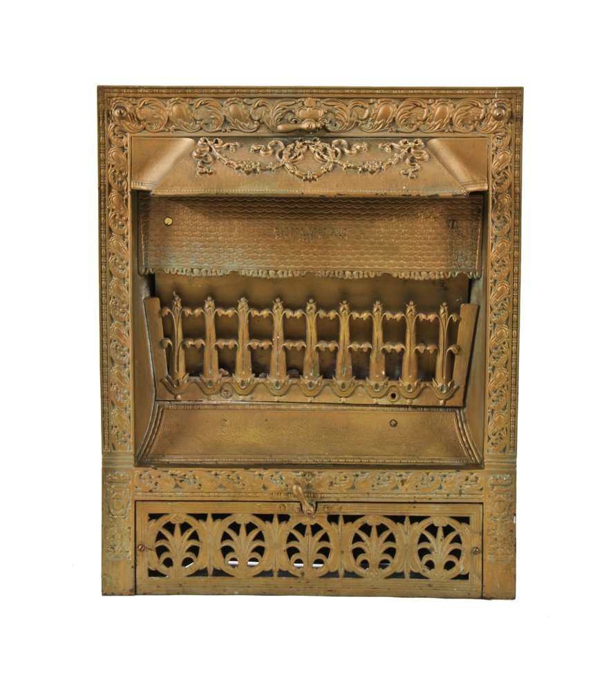 fully functional complete and all original c. late 19th century american victorian era ornamental cast iron fireplace gas insert with embellished protruding hood
