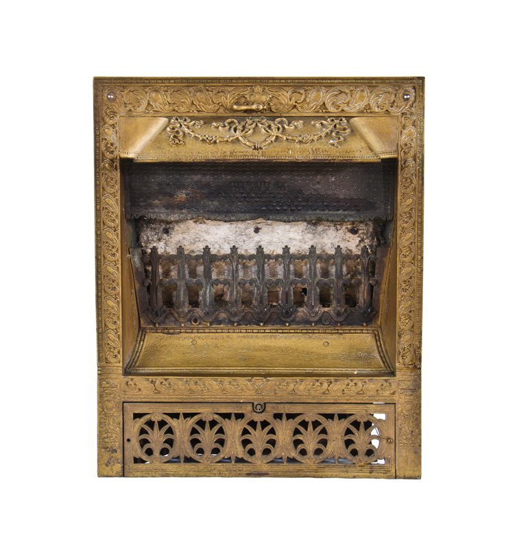 late 19th century metallic gold enameled ornamental cast iron residential fireplace gas insert or grate with patented design