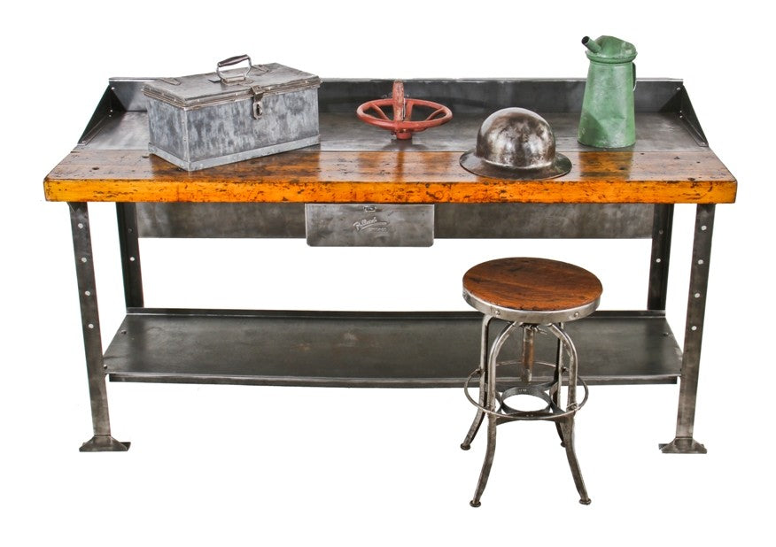 all original c. 1930's american antique industrial heavily reinforced cold-rolled steel and maple wood factory workbench with spacious undershelf