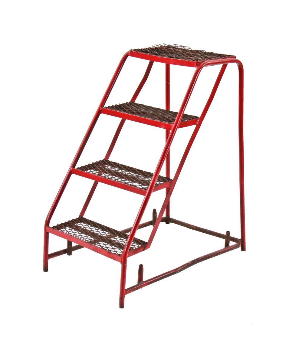 stationary vintage american industrial tubular steel four-step warehouse or factory handleless ladder with diamond mesh treads