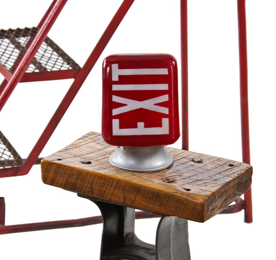 original depression era american vintage wall-mount interior public school building ruby red exit light with single socket and steel fitter