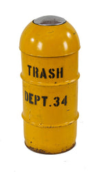 original c. 1950's vintage american industrial yellow enameled cylindrical-shaped steel "dept. 34" stationary waste can with detachable top
