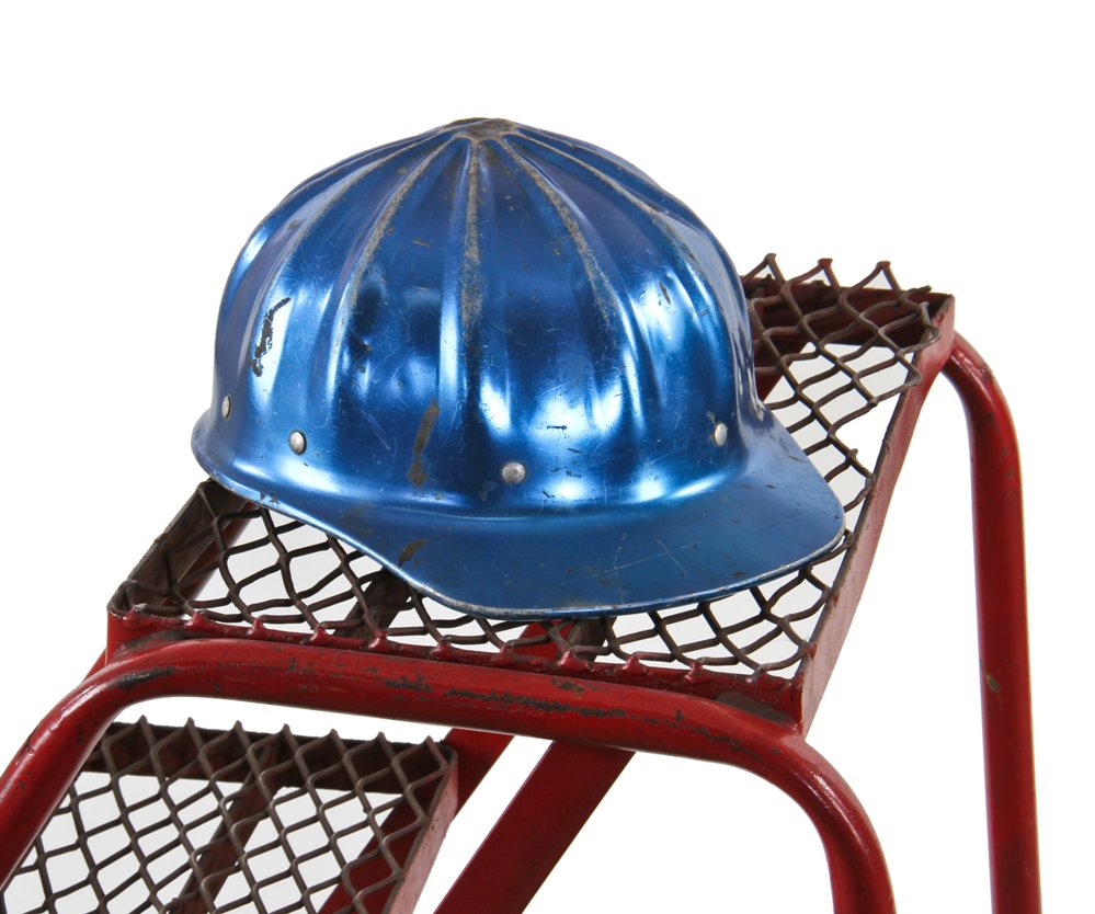 c. 1950's vintage american industrial "superlite" reinforced metallic blue aluminum turtle shell style factory worker hard hat with riveted joint liner
