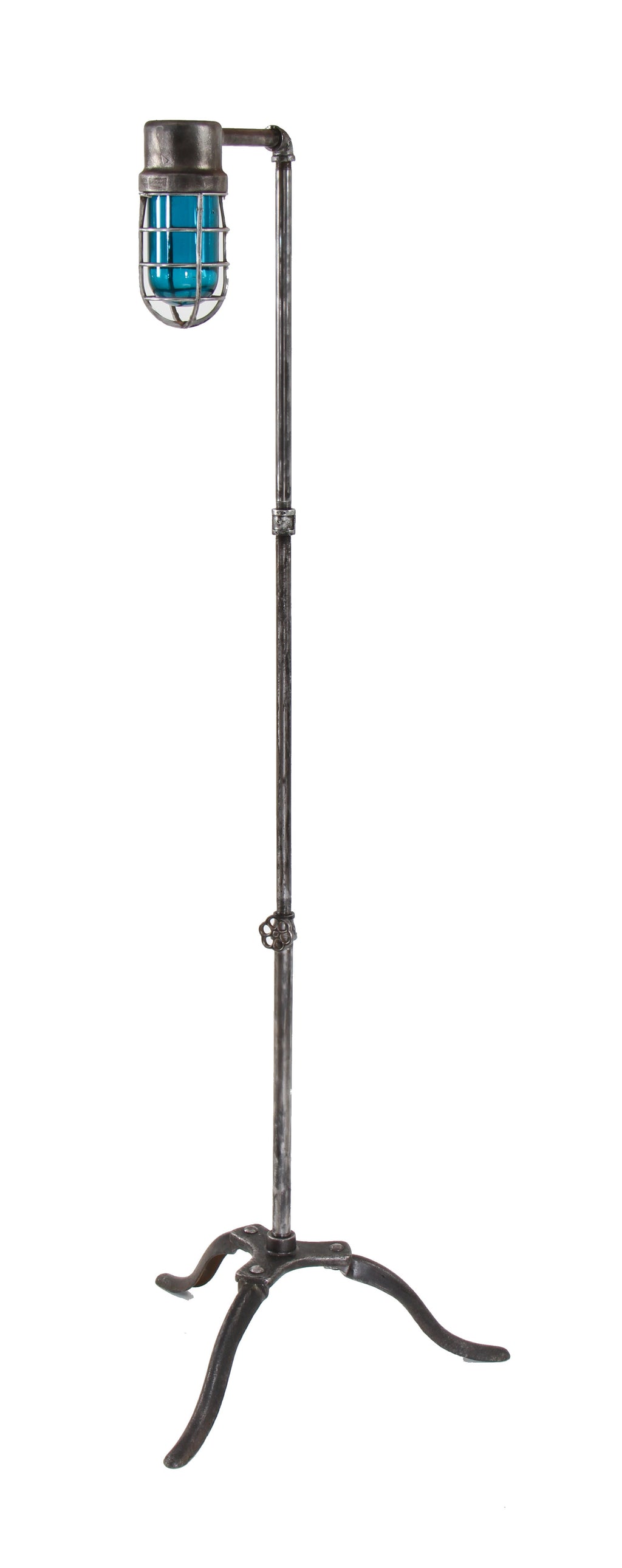 unique vintage american industrial brushed cast iron and steel repurposed "explosion proof" floor lamp with original aqua blue bulb guard