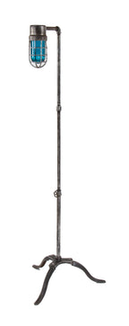 unique vintage american industrial brushed cast iron and steel repurposed "explosion proof" floor lamp with original aqua blue bulb guard