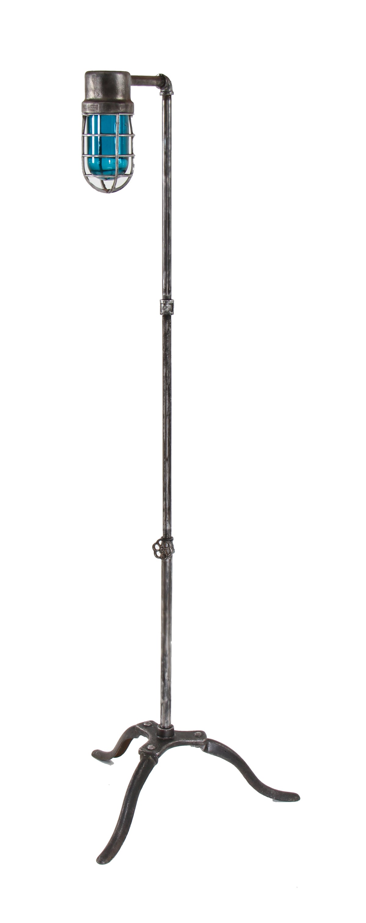 unique vintage american industrial brushed cast iron and steel repurposed "explosion proof" floor lamp with original aqua blue bulb guard