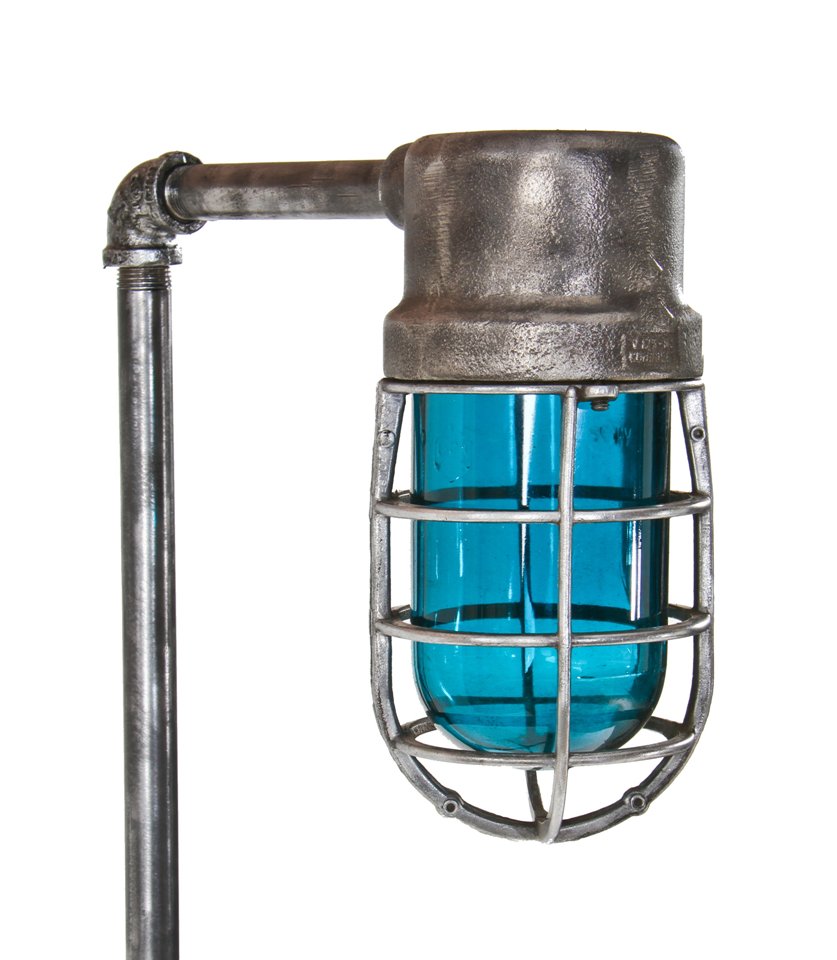 unique vintage american industrial brushed cast iron and steel repurposed "explosion proof" floor lamp with original aqua blue bulb guard